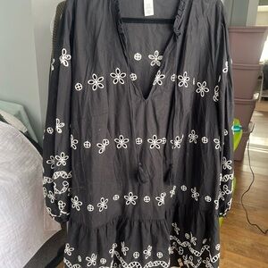 H&M Black Mini Dress with White Floral Embroidery